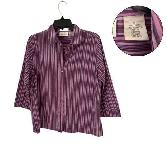 Studio Works Women's Striped Button-Up Shirt Purple Pink M - Picture 1 of 3